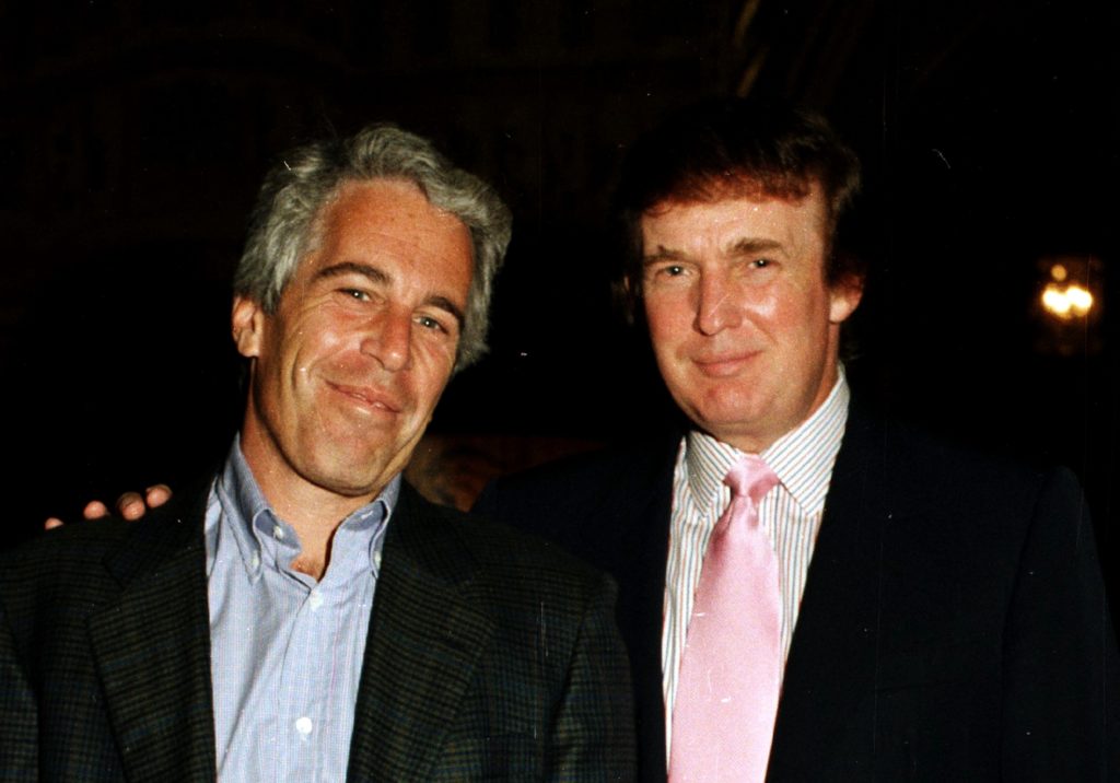 Donald Trump and Jeffrey Epstein photographed together at a social event in the 1990s.