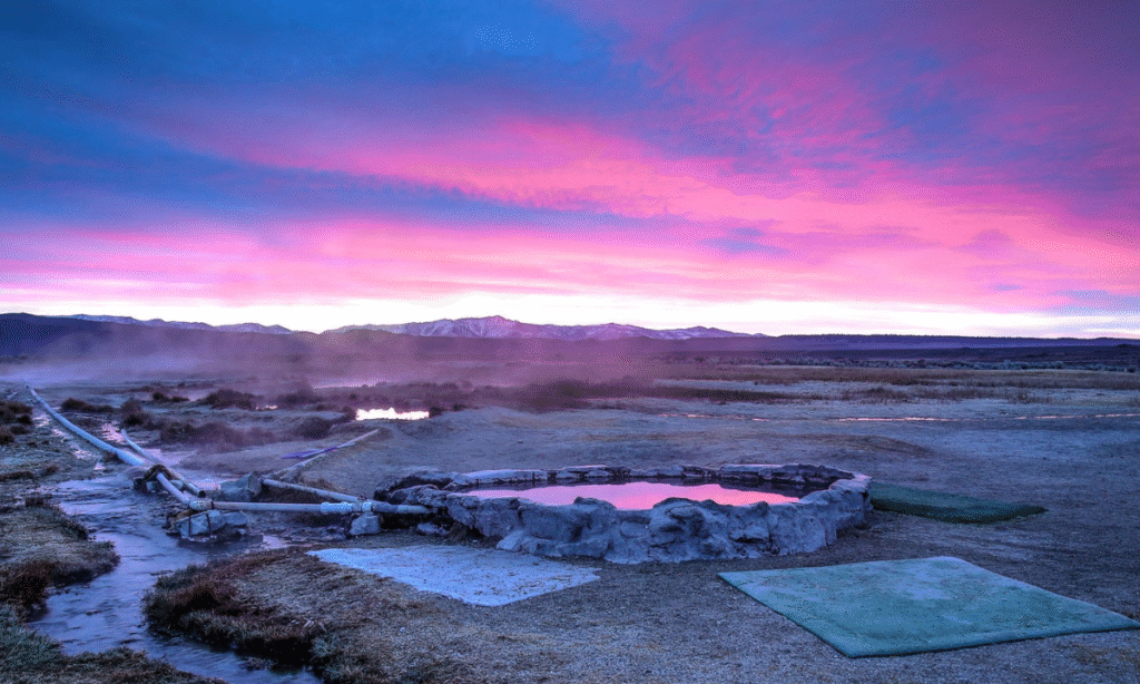Hilltop Hot Springs tub overlooking the Eastern Sierra Nevada mountains.