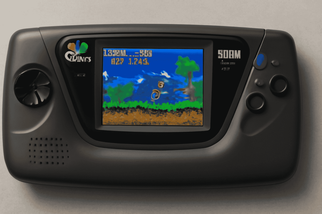 "The Sega Game Gear handheld console, showcasing its sleek design and vibrant color screen."