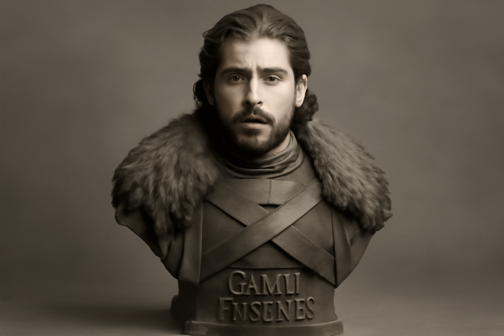 Grayscale bust of Jon Snow from Game of Thrones with a stern expression and fur-lined cloak."