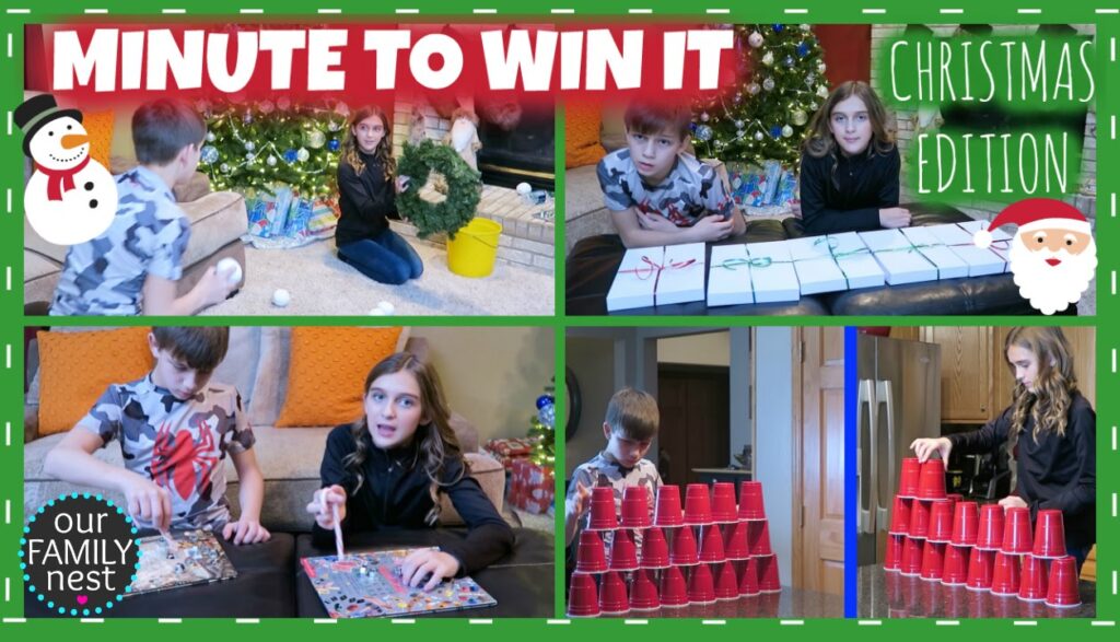 A cheerful family in Christmas sweaters laughing as they play holiday party games around a decorated living room.